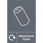 In the image, there are multiple Spectrum Industrial Waste Disposal signs for recycling aluminium cans. The signs are 1.2mm thick and made of recyclable PP material, measuring 150 x 200mm. The signs are clearly labeled with the recycling symbol and the words Aluminium Cans.