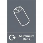 The photo displays a spectrum of industrial waste disposal signs, including one for recycling aluminum cans. The sign measures 200mm x 300mm and is made of self-adhesive vinyl.