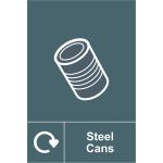 The photo shows a Spectrum Industrial Waste Disposal Sign made of steel cans, featuring a recycling symbol and measuring 150mm x 200mm. The sign is made of self-adhesive vinyl and is labeled as product number 18116.