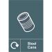 The photo shows a Spectrum Industrial Waste Disposal Sign made of steel cans, featuring a recycling symbol and measuring 150mm x 200mm. The sign is made of self-adhesive vinyl and is labeled as product number 18116.