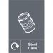 The image shows a Spectrum Industrial Waste Disposal Sign made of steel cans recycling. The size of the sign is 200mm by 300mm and it is made of self-adhesive vinyl. The sign features clear and visible labeling, making it easy to identify and properly dispose of waste materials.