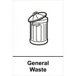 The photo shows a small rectangular sign with the words General Waste Recycling written in bold black letters on a yellow background. The sign also has a universal recycling symbol on the left side. It is made of self-adhesive vinyl and measures 150mm x 200mm.