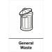 The photo shows a small rectangular sign with the words General Waste Recycling written in bold black letters on a yellow background. The sign also has a universal recycling symbol on the left side. It is made of self-adhesive vinyl and measures 150mm x 200mm.