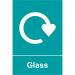 The photograph shows a series of Spectrum Industrial Waste Disposal Signs, specifically for recycling glass. The signs are made of 1.2mm thick, recyclable PP material and measure 150 x 200mm.