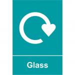 The photograph shows a set of Spectrum Industrial Waste Disposal Signs for recycling, specifically for glass with a thickness of 1.2mm. The signs are made from recyclable PP material and measure 200 x 300mm. The signs have the label 18135 on them.