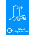 The picture depicts a white background with bold black and green text, reading Spectrum Industrial Waste Disposal Signs and Mixed Paper & Card Recycling. The sign is made of self-adhesive vinyl and measures 150mm by 200mm. It features recycling symbols and clear instructions, making it easy to identify and dispose of paper and card waste correctly.