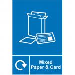 The image shows a set of Spectrum Industrial Waste Disposal Signs. These signs are specifically for recycling mixed paper and card, with a thickness of 1.2mm. The signs are made from recyclable PP material and measure 150 x 200mm each.
