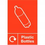 The photo shows a Spectrum Industrial Waste Disposal Sign with a Recycling symbol and the words Plastic Bottles written on it. The sign is made of Self-Adhesive Vinyl and measures 150mm x 200mm.  It has a clean and professional design, with bold, easy-to-read text. The white background contrasts with the bright colors of the recycling symbol and words. The sign is suitable for use in industrial settings and is durable enough to withstand outdoor conditions.