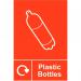 The photo shows a Spectrum Industrial Waste Disposal Sign with a Recycling symbol and the words Plastic Bottles written on it. The sign is made of Self-Adhesive Vinyl and measures 150mm x 200mm.  It has a clean and professional design, with bold, easy-to-read text. The white background contrasts with the bright colors of the recycling symbol and words. The sign is suitable for use in industrial settings and is durable enough to withstand outdoor conditions.