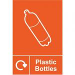 The photograph shows a series of Spectrum Industrial Waste Disposal signs for recycling, specifically for plastic bottles. The signs are made of 1.2mm recyclable PP and measure 150 x 200mm. The bright and clear signs feature the recycling symbol and text indicating the proper disposal method.