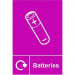 The picture shows a sign with Industrial Waste Disposal - Batteries Recycling written in bold letters, against a solid yellow background. The sign is self-adhesive and measures 150mm by 200mm.