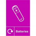Batteries Recycling Sign (150 x 200mm). Manufactured from strong rigid PVC and is non-adhesive; 0.8mm thick. 18165