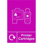 The image shows a collection of white and blue Spectrum Industrial Waste Disposal Signs with bold text and symbols, including a printer cartridges recycling sign. The signs are made of self-adhesive vinyl and measure 150mm by 200mm.