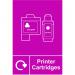The image shows a collection of white and blue Spectrum Industrial Waste Disposal Signs with bold text and symbols, including a printer cartridges recycling sign. The signs are made of self-adhesive vinyl and measure 150mm by 200mm.