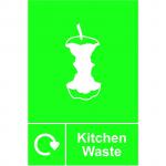 This picture shows a bright yellow industrial waste disposal sign with the text Kitchen Waste Recycling in bold black letters. The sign is made of self-adhesive vinyl and measures 150mm x 200mm. It features the Spectrum brand logo and the product code 18172.