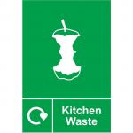 This image features a bright yellow Spectrum Industrial Waste Disposal Sign labeled Recycling: Kitchen Waste with dimensions of 150 x 200mm. The sign is made of 1.2mm recyclable PP material.
