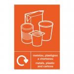 The image shows Spectrum Industrial Waste Disposal signs with Welsh and English text, indicating recycling options for metals, plastic, and cartons. These signs have dimensions of 297 x 420mm.