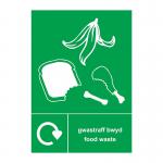 This image depicts a Spectrum Industrial Waste Disposal Sign for recycling food waste in Welsh and English. The sign is a SAV size of 148 x 210mm. It features bold text and a clear symbol for easy recognition and usage.