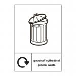 The picture shows a set of industrial waste disposal signs for recycling. The signs are written in Welsh and English and read General waste with the abbreviation ACP and the measurement of 297 x 420mm. There are a total of 18200 signs in the picture.