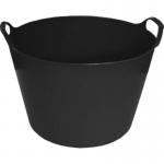 The photo features a bright green Flexi Tub with 42 litres capacity from Airflow Nicoll Ventilators Ltd. It is being used for garden maintenance, filled with tools and surrounded by lush green plants. The tub is sturdy and durable, ideal for outdoor work.
