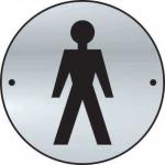 The picture shows a satin anodised aluminium door disc with a 75mm diameter, featuring a graphic of a gentleman. This is a Spectrum Industrial washroom sign for gentlemen.