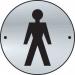The picture shows a satin anodised aluminium door disc with a 75mm diameter, featuring a graphic of a gentleman. This is a Spectrum Industrial washroom sign for gentlemen.