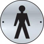 The image shows a round, satin stainless steel door disc for a gentlemens washroom. The disc features the word Gentlemen with a graphic design in the center. This is part of the Spectrum Industrial washroom signs collection.