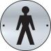 The image shows a round, satin stainless steel door disc for a gentlemens washroom. The disc features the word Gentlemen with a graphic design in the center. This is part of the Spectrum Industrial washroom signs collection.