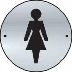 The image shows a round door disc with a ladies graphic, made of satin anodised aluminium. The size of the disc is 75mm in diameter, and it is designed for use in industrial washrooms.