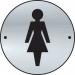 The image shows a round door disc with a ladies graphic, made of satin anodised aluminium. The size of the disc is 75mm in diameter, and it is designed for use in industrial washrooms.