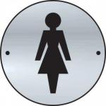 In the photo, the Spectrum Industrial Washroom Signs Ladies Graphic Door Disc can be seen in a satin stainless steel finish. The circular disc measures 75mm in diameter and features a bold graphic design. The sign is perfect for indicating the location of the ladies restroom in an industrial setting.