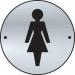 In the photo, the Spectrum Industrial Washroom Signs Ladies Graphic Door Disc can be seen in a satin stainless steel finish. The circular disc measures 75mm in diameter and features a bold graphic design. The sign is perfect for indicating the location of the ladies restroom in an industrial setting.