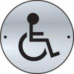 This photograph shows a pair of satin anodised aluminium washroom signs with a disabled graphic door disc. The signs have a diameter of 75mm and feature the universal symbol for accessibility. These signs are perfect for any industrial or commercial washroom.