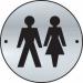 This photo shows a pair of industrial washroom signs made of satin anodised aluminium. The circular discs have a diameter of 75mm and feature a unisex graphic design. They are designed for use in a washroom setting.