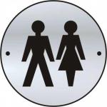 This photograph features a set of Spectrum Industrial washroom signs, with a sleek satin stainless steel finish. The signs are unisex and feature a graphic door disc design with a diameter of 75mm.
