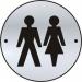 This photograph features a set of Spectrum Industrial washroom signs, with a sleek satin stainless steel finish. The signs are unisex and feature a graphic door disc design with a diameter of 75mm.
