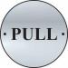 The photo shows a set of Spectrum Industrial Room Signs with Pull Door Disc design. The signs are made of satin anodised aluminium and have a diameter of 75mm. They can add a modern and professional look to any industrial space.