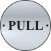 The photo shows a sleek and modern Spectrum Industrial Room Sign with a silver satin finish. The round disc, measuring 75mm in diameter, features a pull door design and is made of sturdy stainless steel.