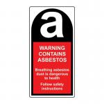 The photo shows a roll of 500 self-adhesive polypropylene labels with a size of 25mm x 50mm. Each label contains a warning for asbestos and is designed for industrial safety use. The labels are colorful and clearly display the message, ensuring caution is taken by all who see them.