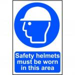 A bright and bold industrial safety sign with a yellow and black color scheme. The sign features the words Safety helmets must be worn in this area in large, legible font. Made of durable 1.2mm polypropylene material, this non-adhesive sign is designed for long-lasting use and measures 400 x 600mm. Perfect for any industrial setting, this sign ensures worker safety and promotes a culture of responsible PPE use.