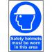A bright and bold industrial safety sign with a yellow and black color scheme. The sign features the words Safety helmets must be worn in this area in large, legible font. Made of durable 1.2mm polypropylene material, this non-adhesive sign is designed for long-lasting use and measures 400 x 600mm. Perfect for any industrial setting, this sign ensures worker safety and promotes a culture of responsible PPE use.