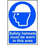 Self adhesive semi-rigid PVC Safety Helmets Must Be Worn In This Area Sign (400 x 600mm). Easy to fix; peel off the backing and apply.