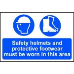 Self adhesive semi-rigid PVC Safety Helmets And Protective Footwear Must Be Worn In This Area Sign (600 x 400mm). Easy to fix
