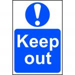 In this photograph, a bold red safety sign with white lettering is displayed against a plain background. The sign reads Keep Out and is made of 1.2mm polypropylene, with no adhesive and no bag. Its dimensions are 400 x 600mm, making it easily visible. This sign is part of the Spectrum Industrial safety collection.