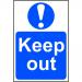 In this photograph, a bold red safety sign with white lettering is displayed against a plain background. The sign reads Keep Out and is made of 1.2mm polypropylene, with no adhesive and no bag. Its dimensions are 400 x 600mm, making it easily visible. This sign is part of the Spectrum Industrial safety collection.