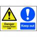 This picture displays a red and black Spectrum Industrial Danger Sign with the words Danger Construction Site Keep Out printed in bold, white lettering. It is made of 1.2mm recyclable polypropylene and measures 600 x 400mm. The sign clearly warns of potential danger at a construction site.