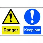 This photo shows Spectrum Industrials danger signs with the phrase Keep Out displayed prominently. The signs are made of 1.2mm polypropylene and are non-adhesive, measuring 600 x 400mm. They come non-bagged and are perfect for warning of hazardous areas.