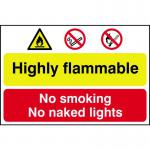 The photo shows a brightly colored industrial sign featuring the words Highly flammable, No smoking or naked lights in bold letters. The sign is made of 1.2mm polypropylene and is non-adhesive. It measures 600 x 400mm and is not packaged in a bag. The text and design are clearly visible and eye-catching. The sign serves as a clear warning for safety in an industrial setting.