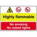 The photo shows a brightly colored industrial sign featuring the words Highly flammable, No smoking or naked lights in bold letters. The sign is made of 1.2mm polypropylene and is non-adhesive. It measures 600 x 400mm and is not packaged in a bag. The text and design are clearly visible and eye-catching. The sign serves as a clear warning for safety in an industrial setting.