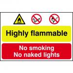 Self adhesive semi-rigid PVC Highly Flammable No Smoking/No Naked Lights Sign (600 x 400mm). Easy to fix; peel off the backing and apply.